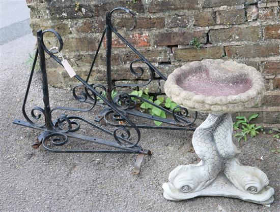 Dolphin bird bath & 2 wrought iron brackets